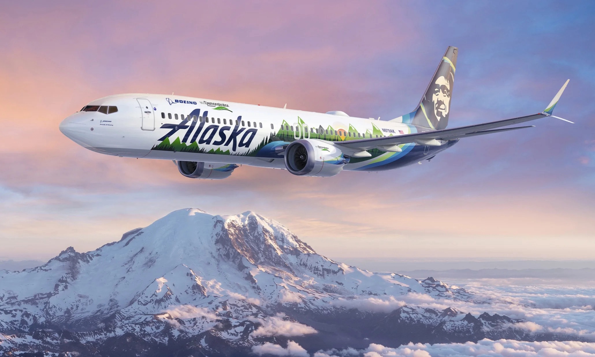 Alaska Airlines plane flying over mt. Rainer