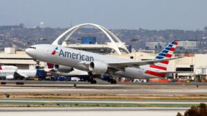 American Airlines plane taking off at an airport
