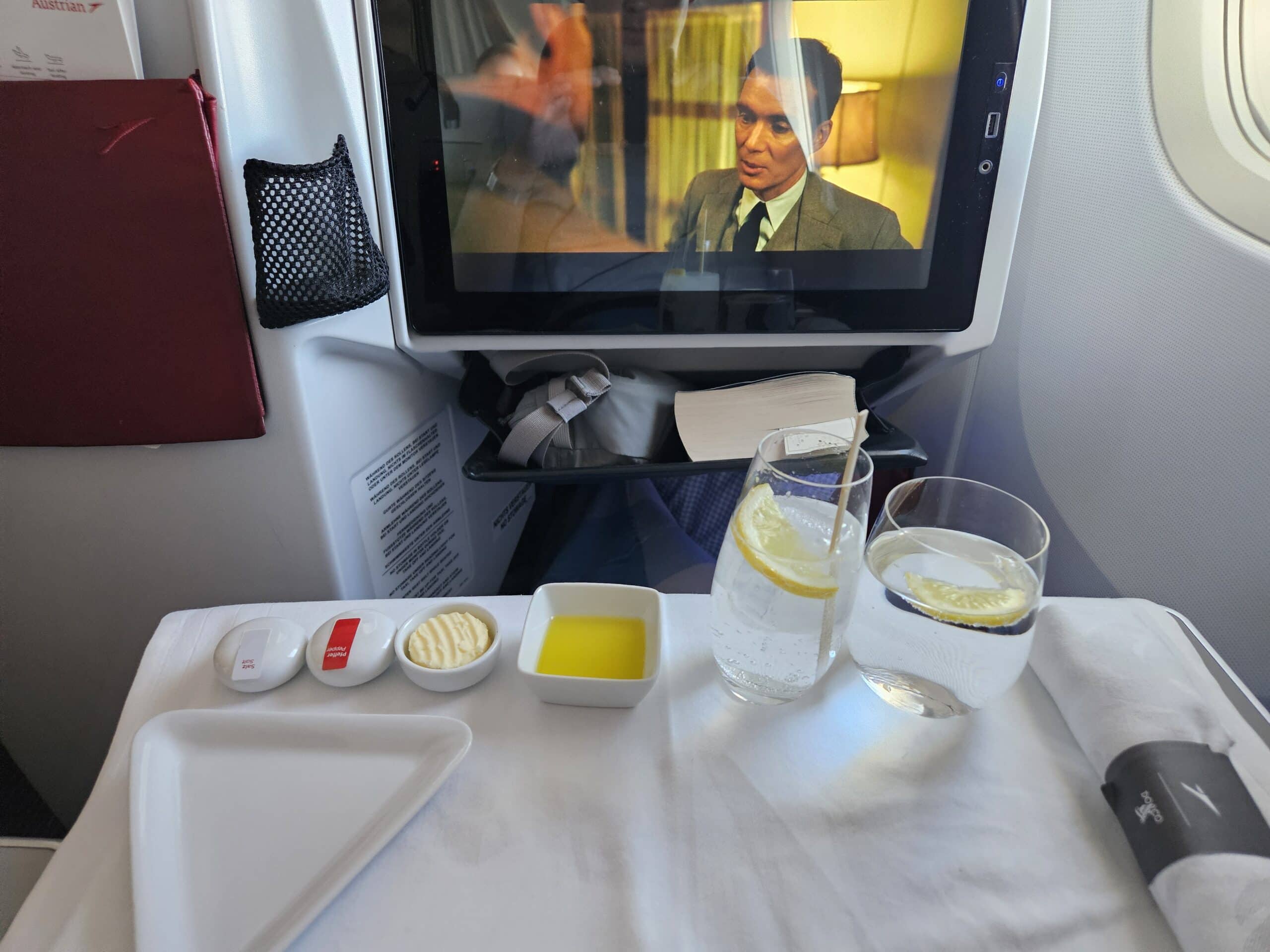 Austrian Airlines 767-300ER Business Class Review – butter olive oil fresh citrus lime lemon austrian airlines business class triangle plate