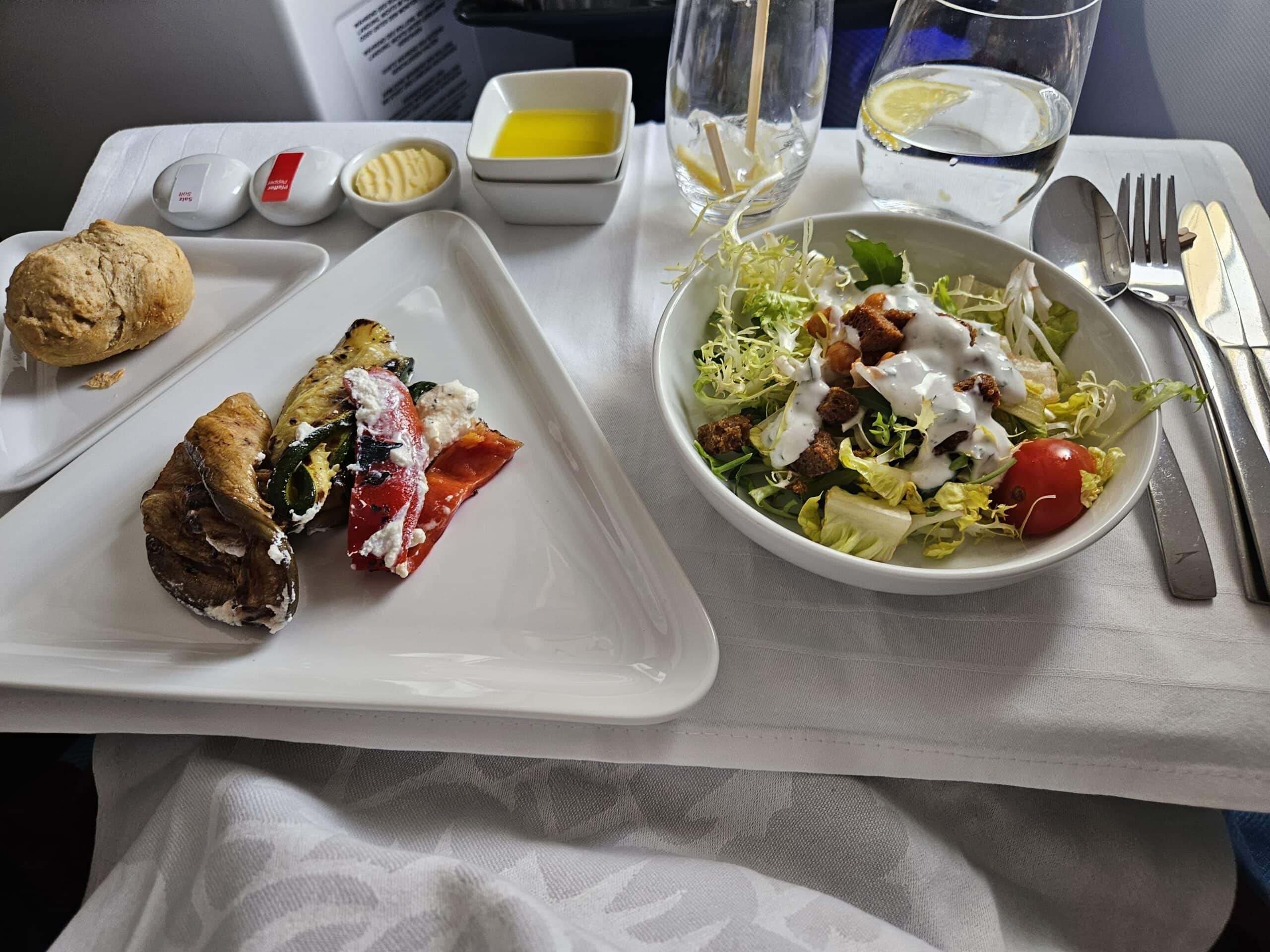 Austrian Airlines 767-300ER Business Class Review – salad amuse bouche starter bread roll austrian airlines business class