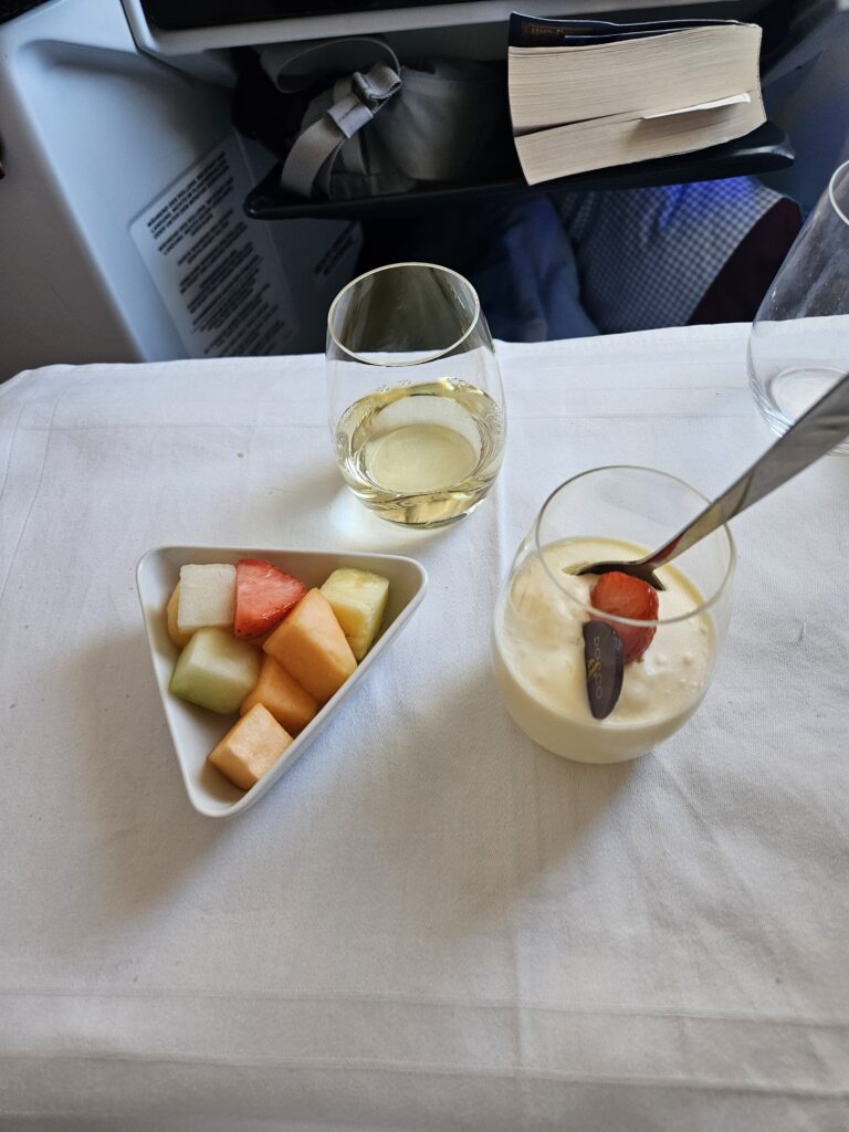 Austrian Airlines 767-300ER Business Class Review – yum dessert course dessert wine austrian airlines business class