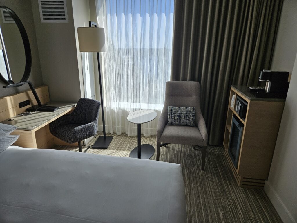 Hyatt Regency Seattle Review – minibar mini-bar mini bar desk chair table hyatt regency seattle