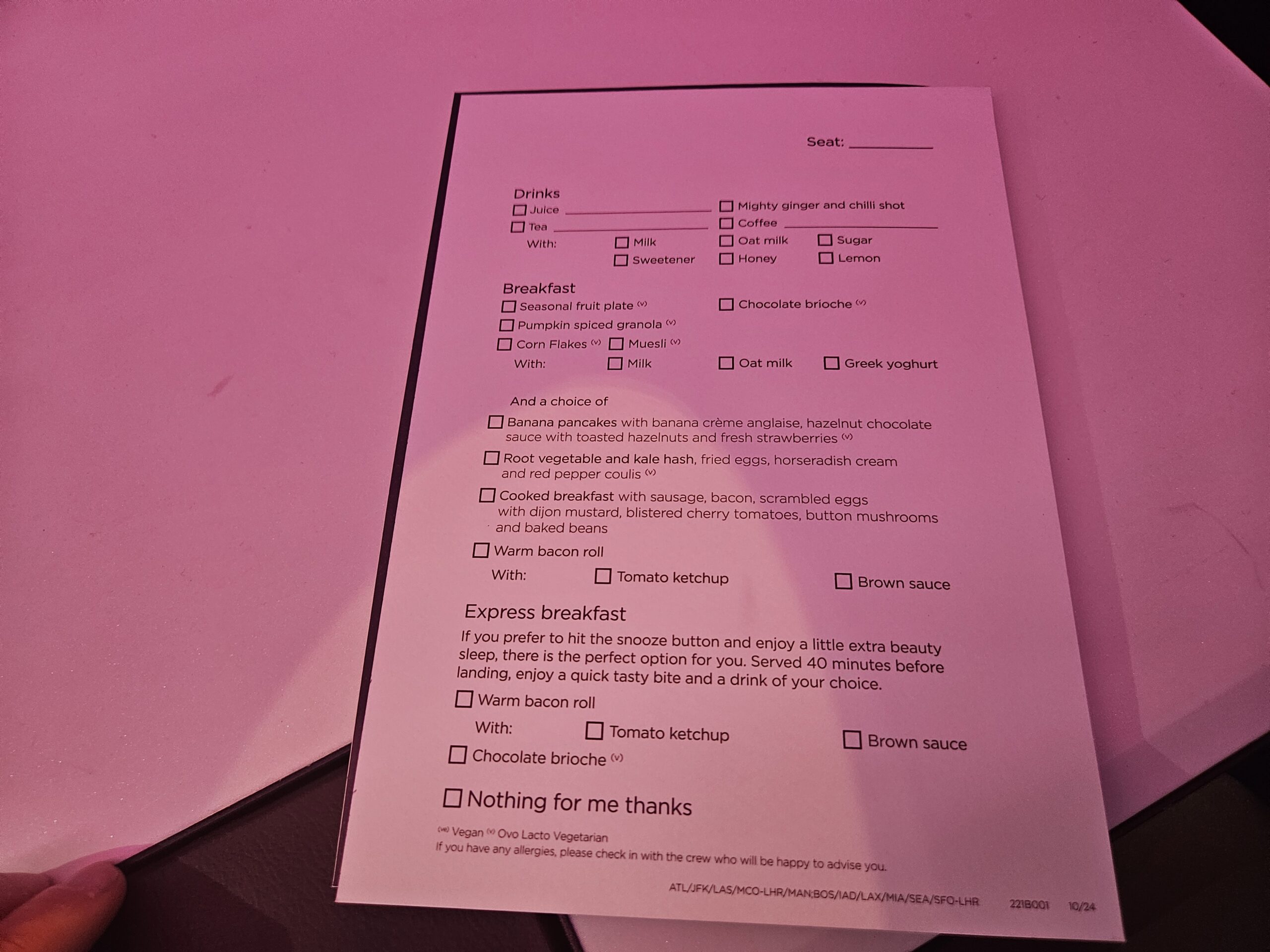Virgin Atlantic A330-900neo Upper Class Review – Landing breakfast card virgin atlantic business class upper class