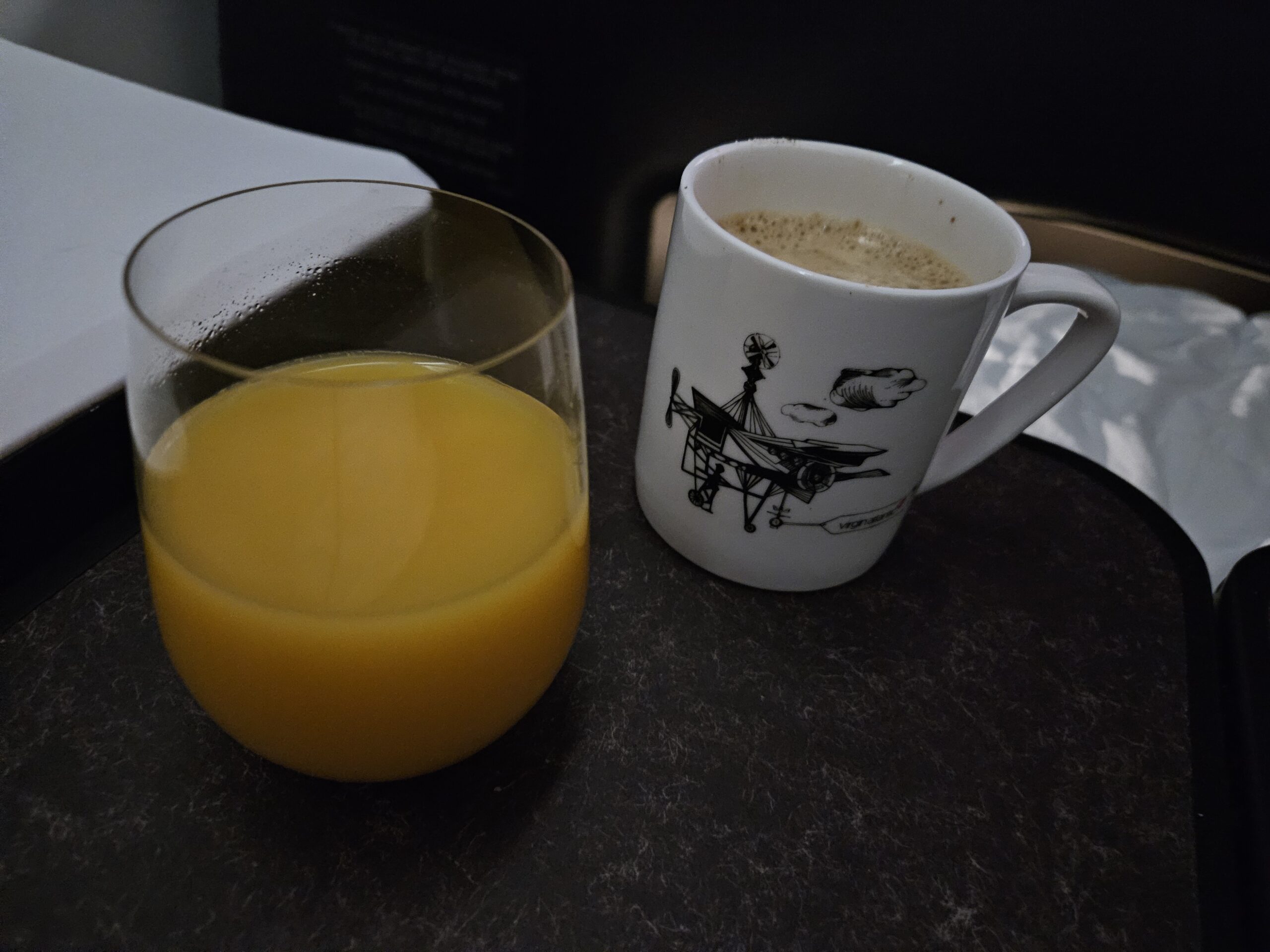 Virgin Atlantic A330-900neo Upper Class Review – orange juice coffee cream milk business class upper class virgin atlantic