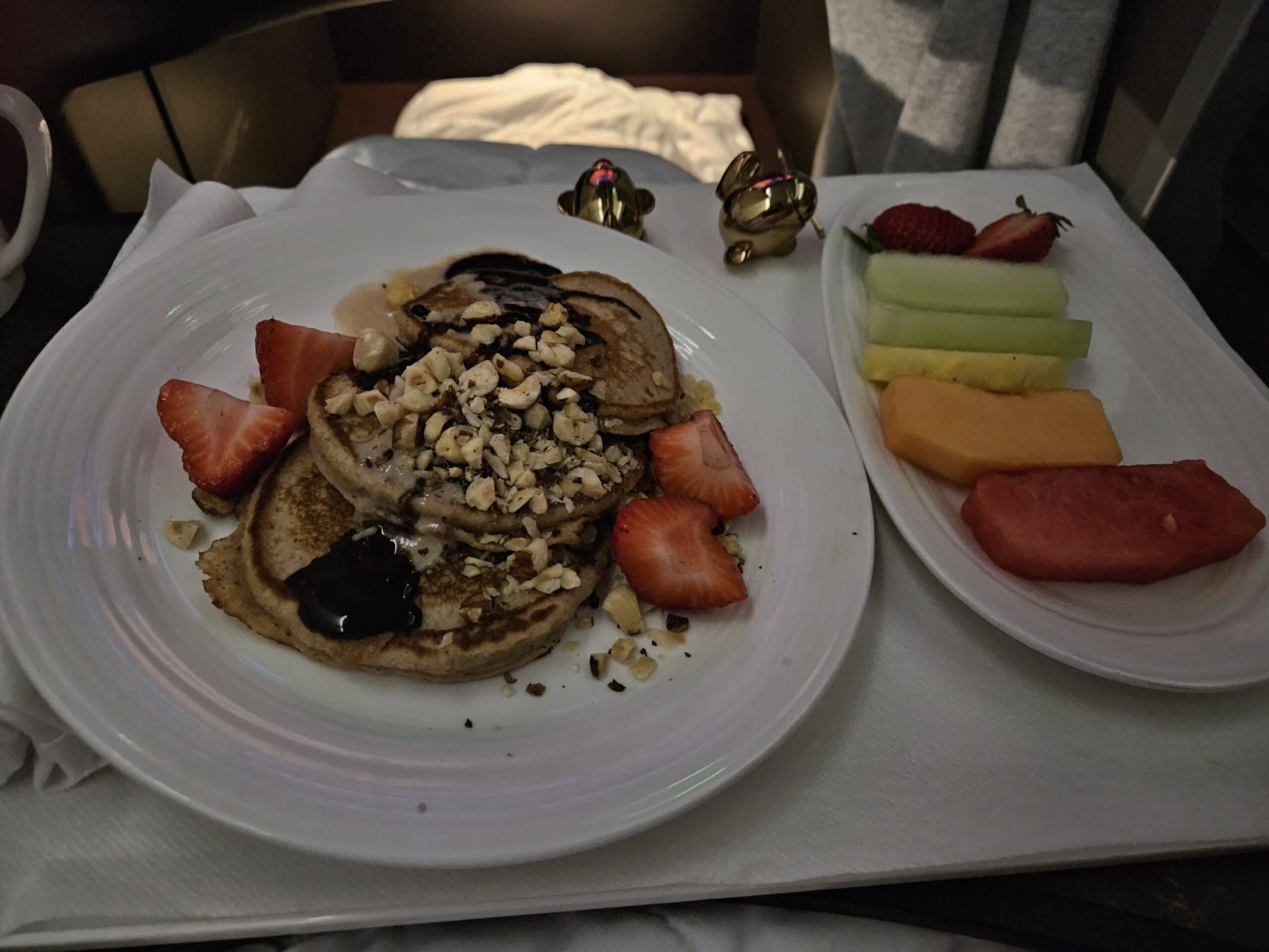 Virgin Atlantic A330-900neo Upper Class Review – virgin atlantic business class upper class breakfast pancakes fruit nutella