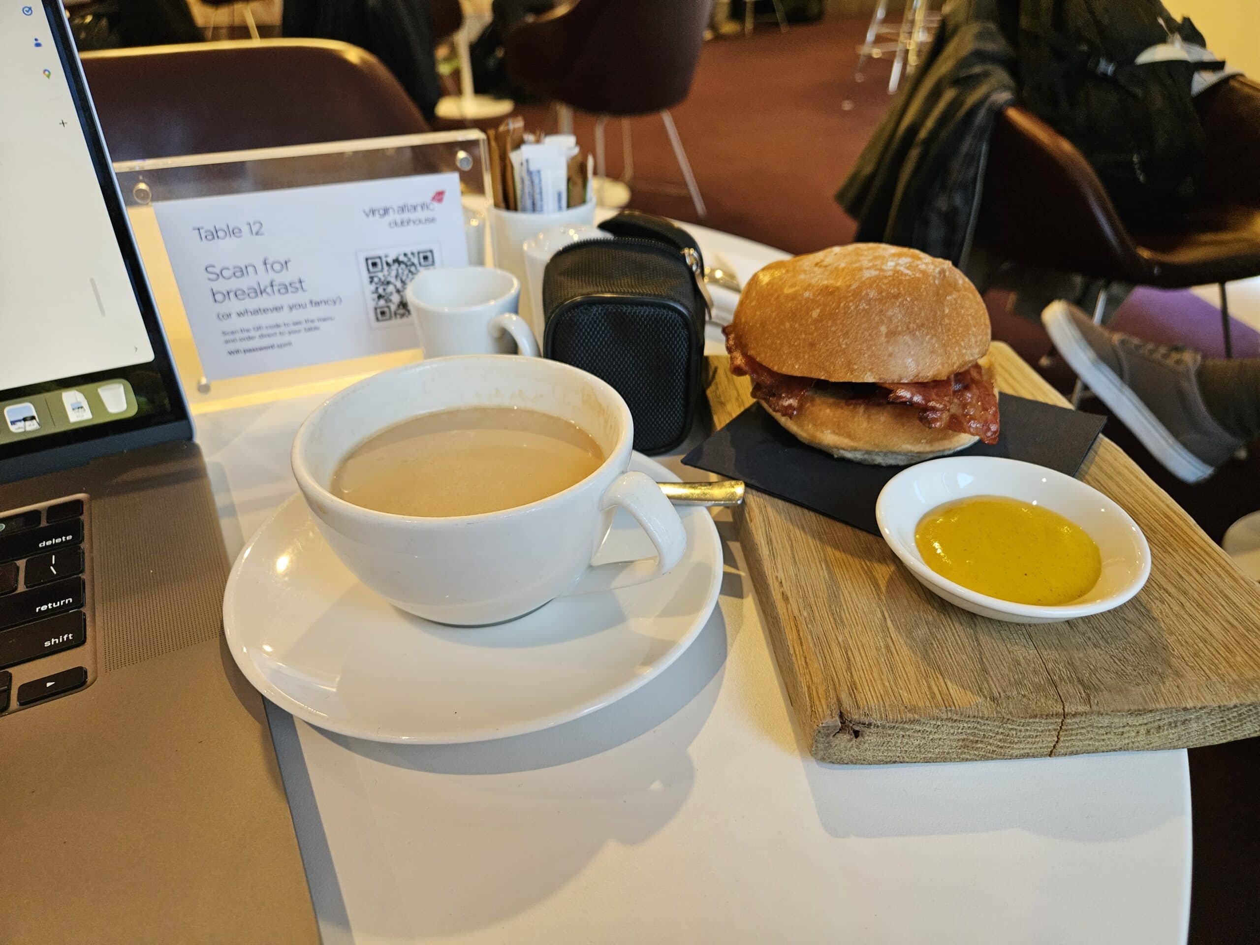 Virgin Atlantic A330-900neo Upper Class Review – virgin atlantic business class upper class arrivals lounge food bacon roll mustard coffee cream milk