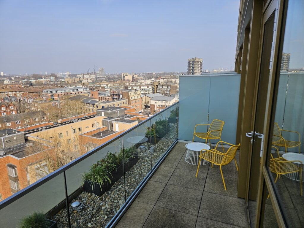 Hyatt Place London City East Premium King Bed with Balcony - Balcony Chairs and Table.