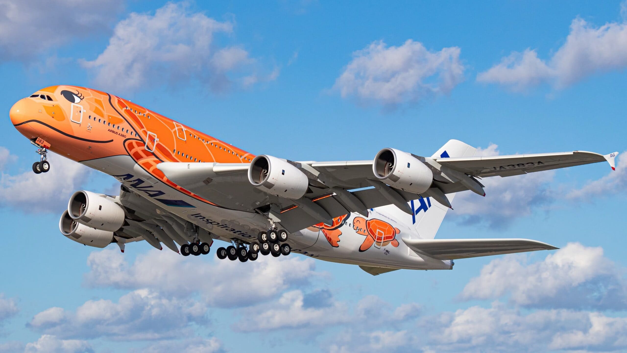 All Nippon Airways (ANA) A380 Flying HONU (Orange)