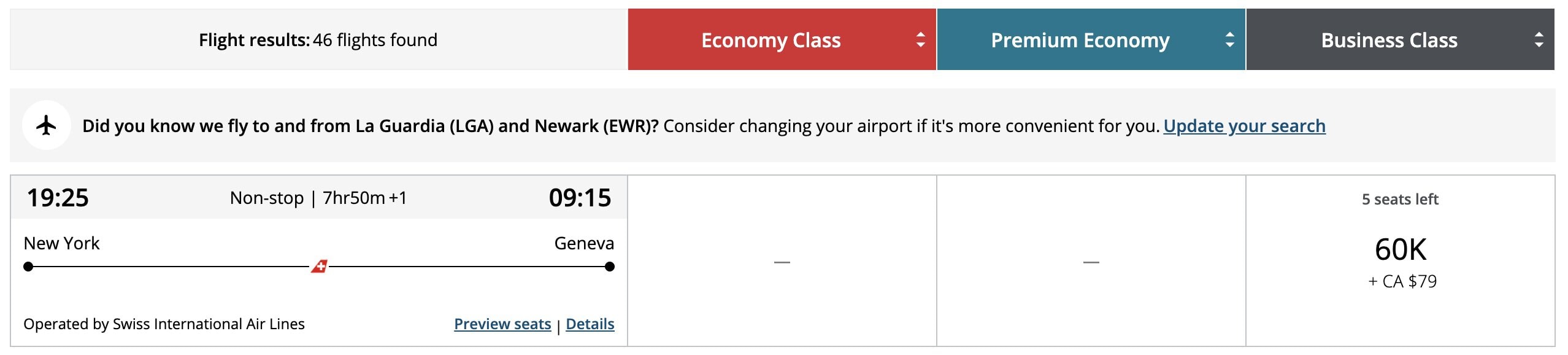 Fly SWISS Business Class To Geneva From 50,000 Points 2 - SWISS Business Class To Geneva SWISS Business Class To Geneva - Air Canada Aeroplan Award Booking