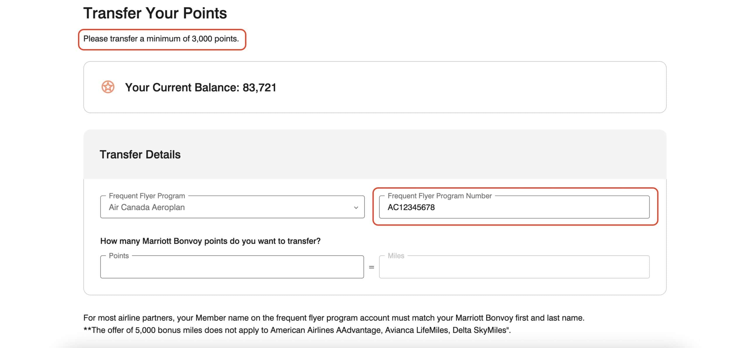 Marriott Bonvoy Transfer Partners - Enter Frequent Flyer Details