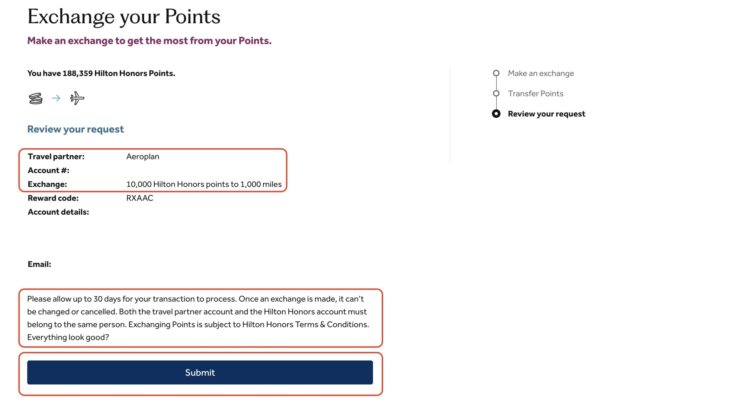 Hilton Honors Transfer Partners - Confirm Transfer Details