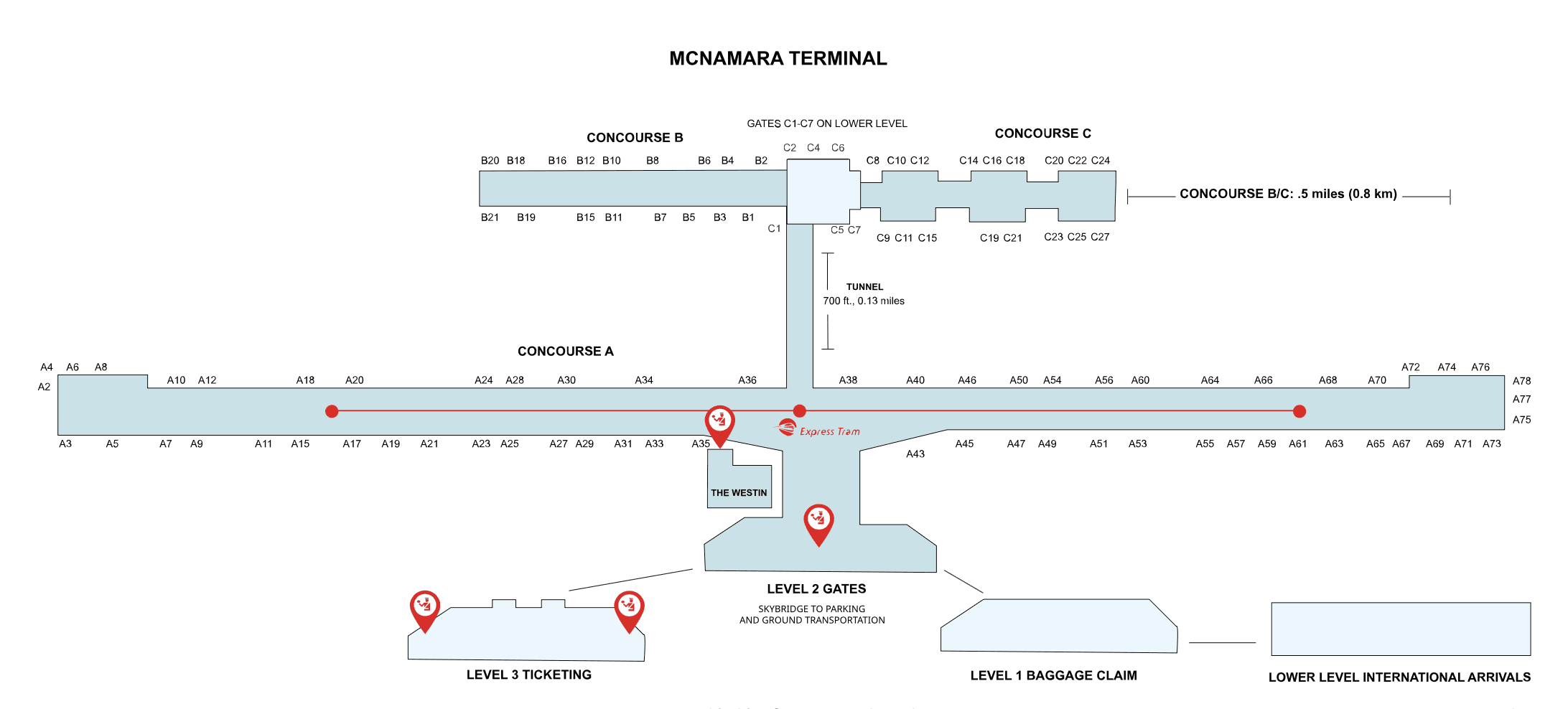 Detroit Metropolitan Wayne County Airport [DTW] - McNamara Terminal Map
