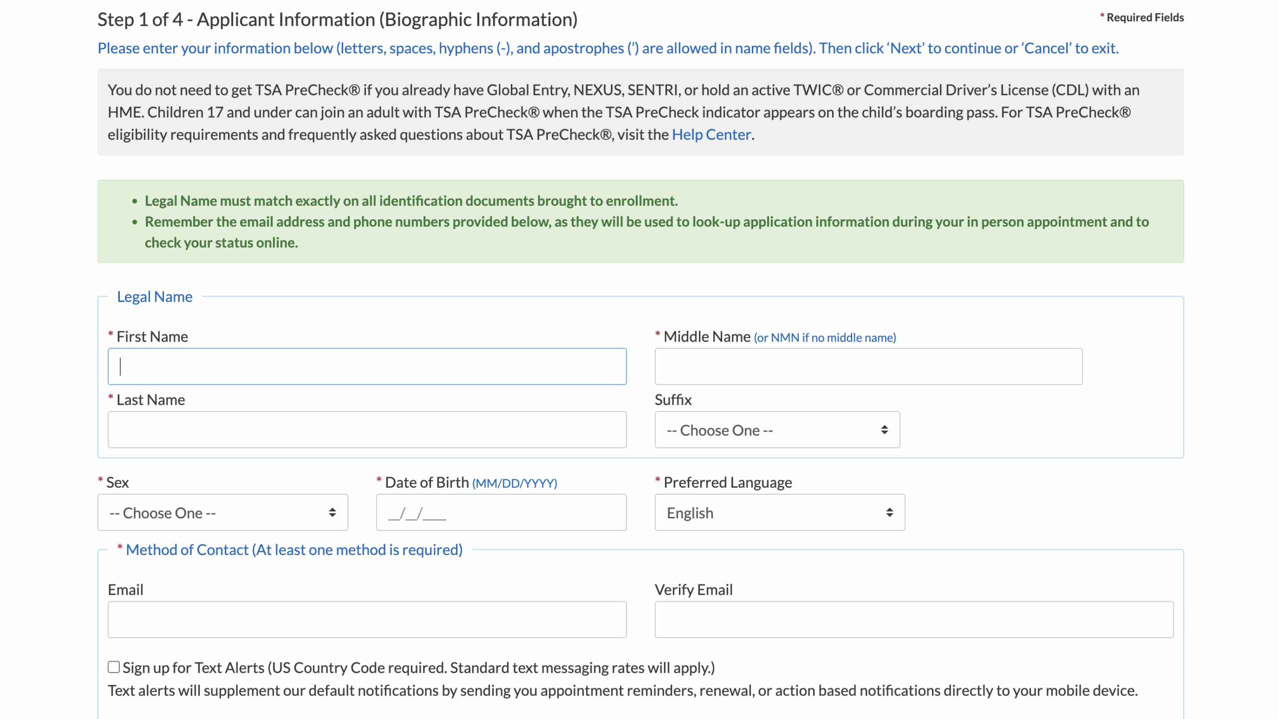 TSA PreCheck Guide - Online Application Page