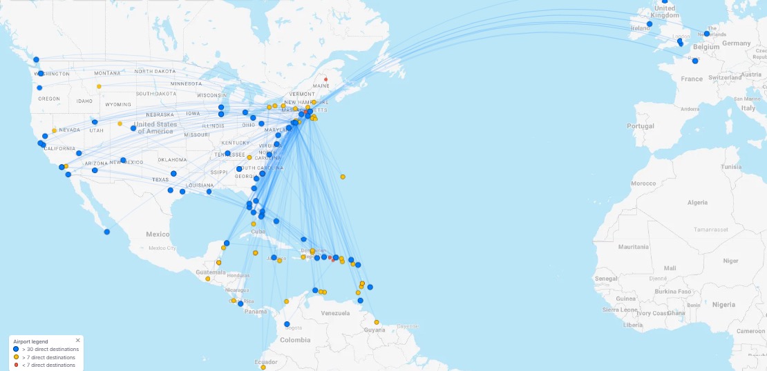 JetBlue Airways Guide: Seats, Baggage Fees, Amenities, Customer Service, And More 2 - JetBlue Airways JetBlue Airways Guide - Route Network Map