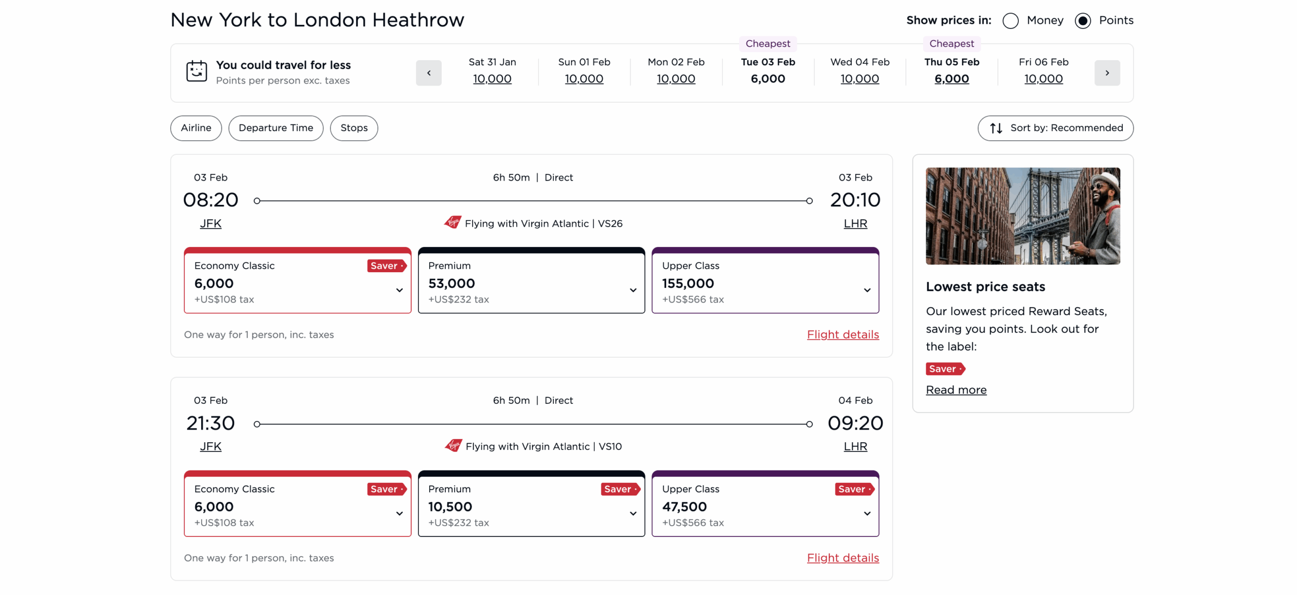 Virgin Atlantic Flying Club - Award Flight Search [JFK - LHR]