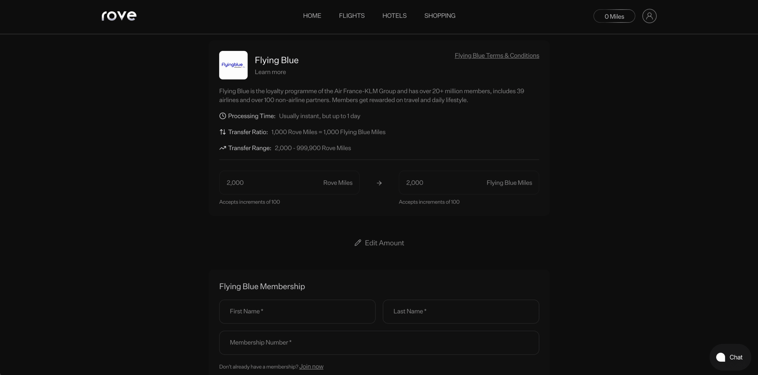 Rove Miles Transfer Partners - Enter Loyalty Account Details
