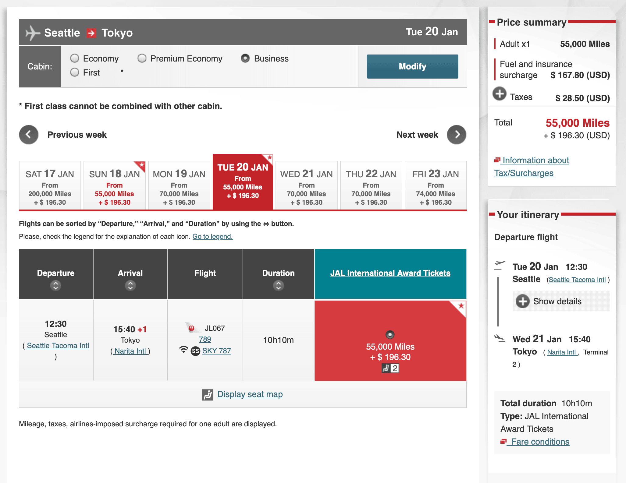 Japan Airlines Mileage Bank - Example Award Booking [SEA - NRT]