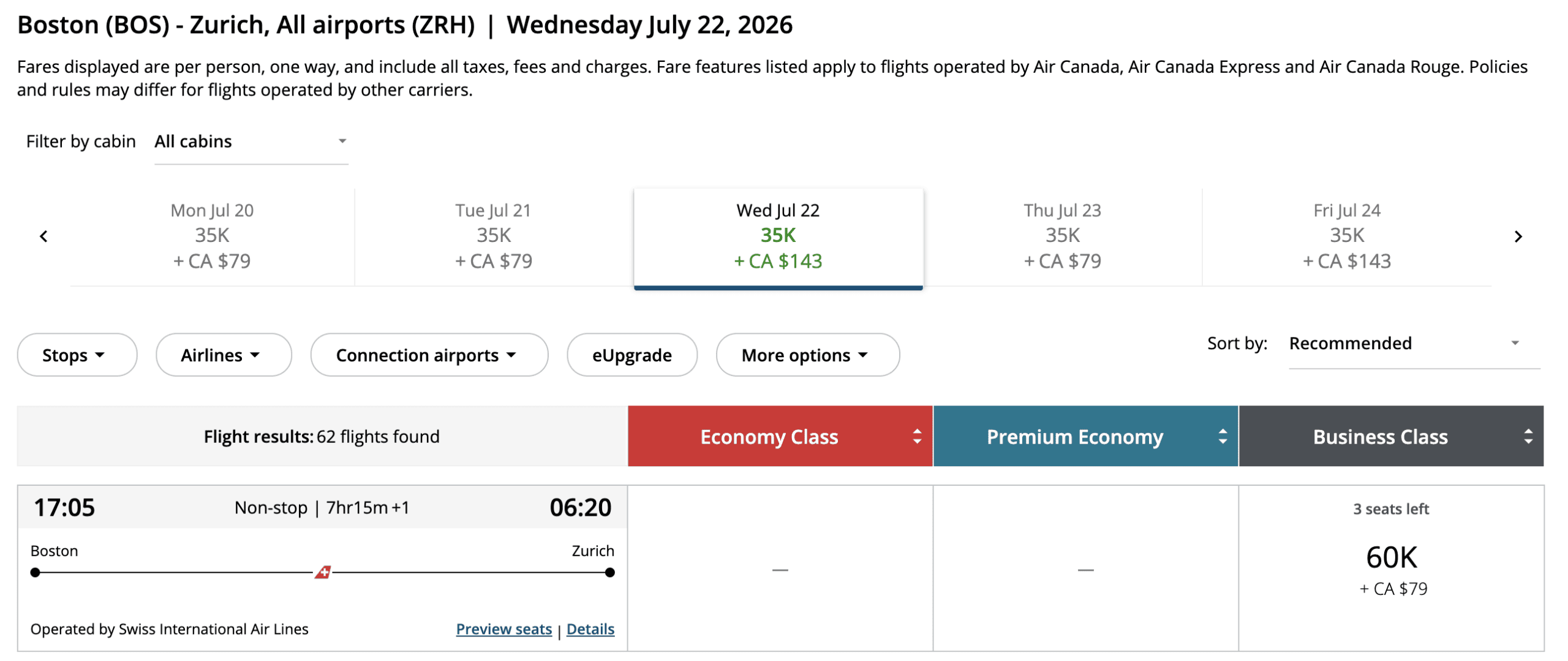 Award Alert SWISS Business Class To Zurich - Air Canada Aeroplan Booking Example