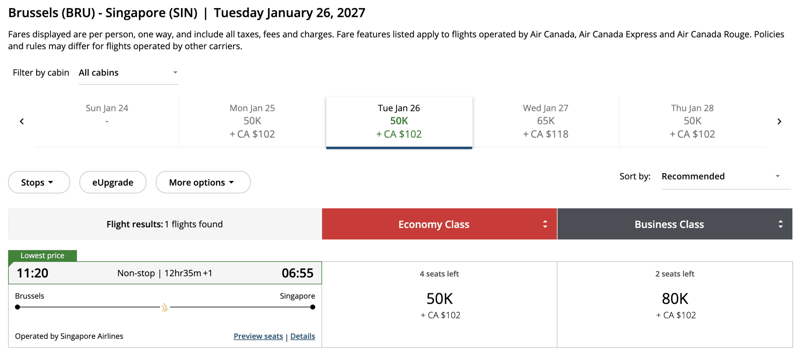 Singapore Airlines A350-900 Business Class Award Booking